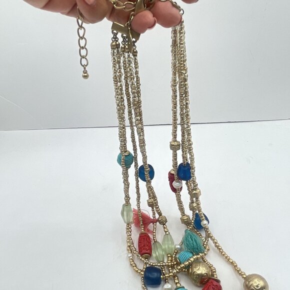 Chico's Colorful Multi-Strand Beaded Necklace With Tassels & Adjustable Gold Cha - Picture 3 of 6